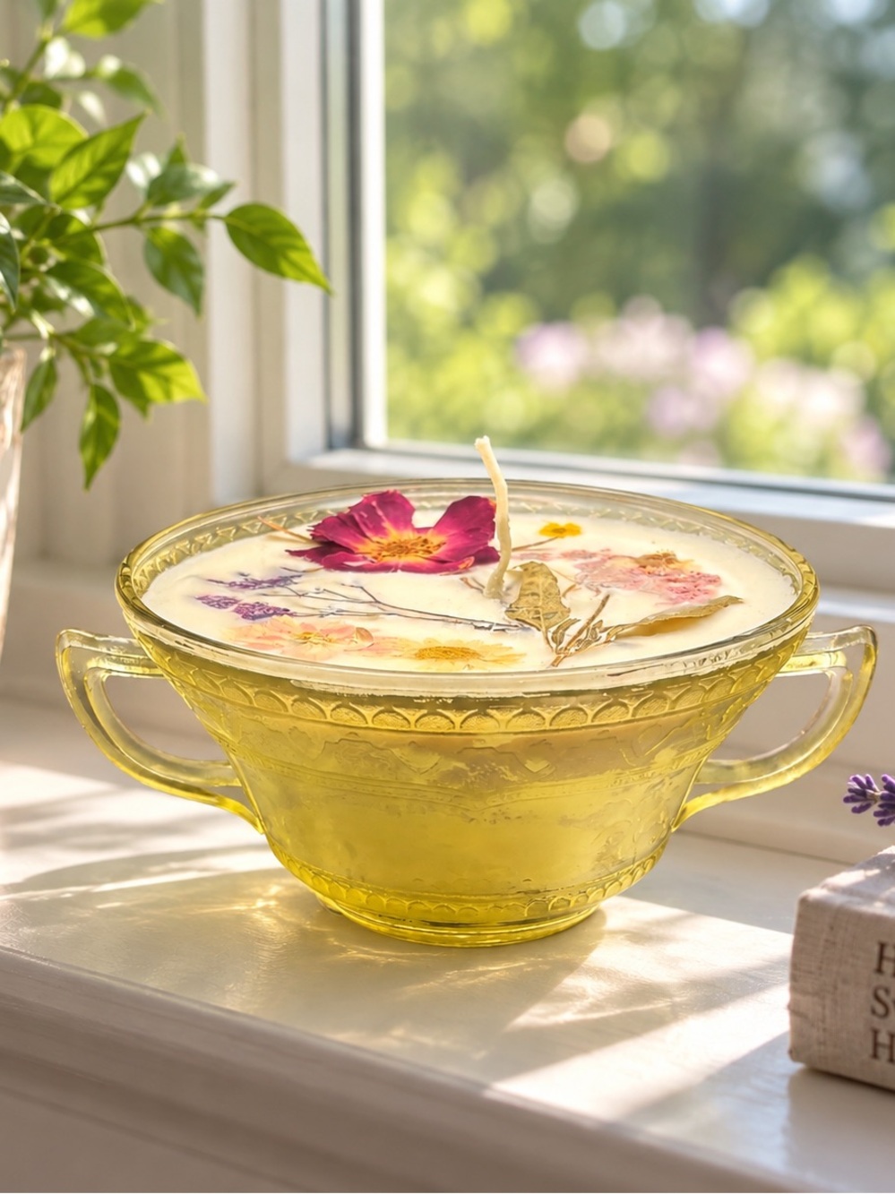 Yellow Pressed Glass Floral Candle Bowl by